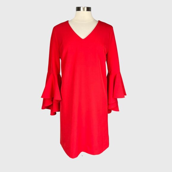 Catherine Malandrino Womens Cascade Bell Sleeve Shift Dress Scarlet Red size 8 - Picture 2 of 13